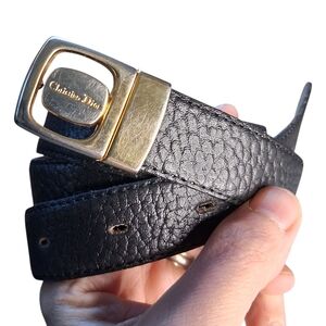 Christian Dior Gray Black Reversible Leather Belt with Gold Buckle